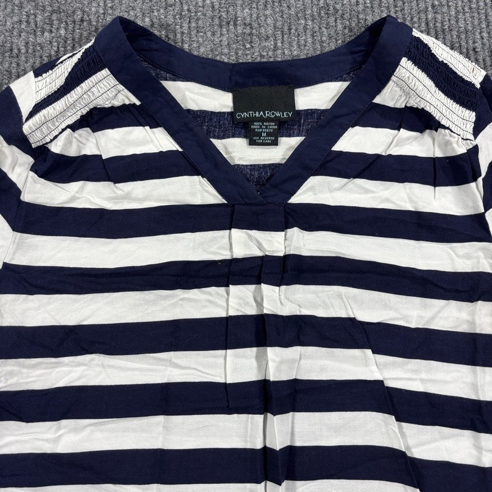 Cynthia‎ Rowley Blouse Women Size M Navy Blue White Striped V-Neck 3/4 Sleeve